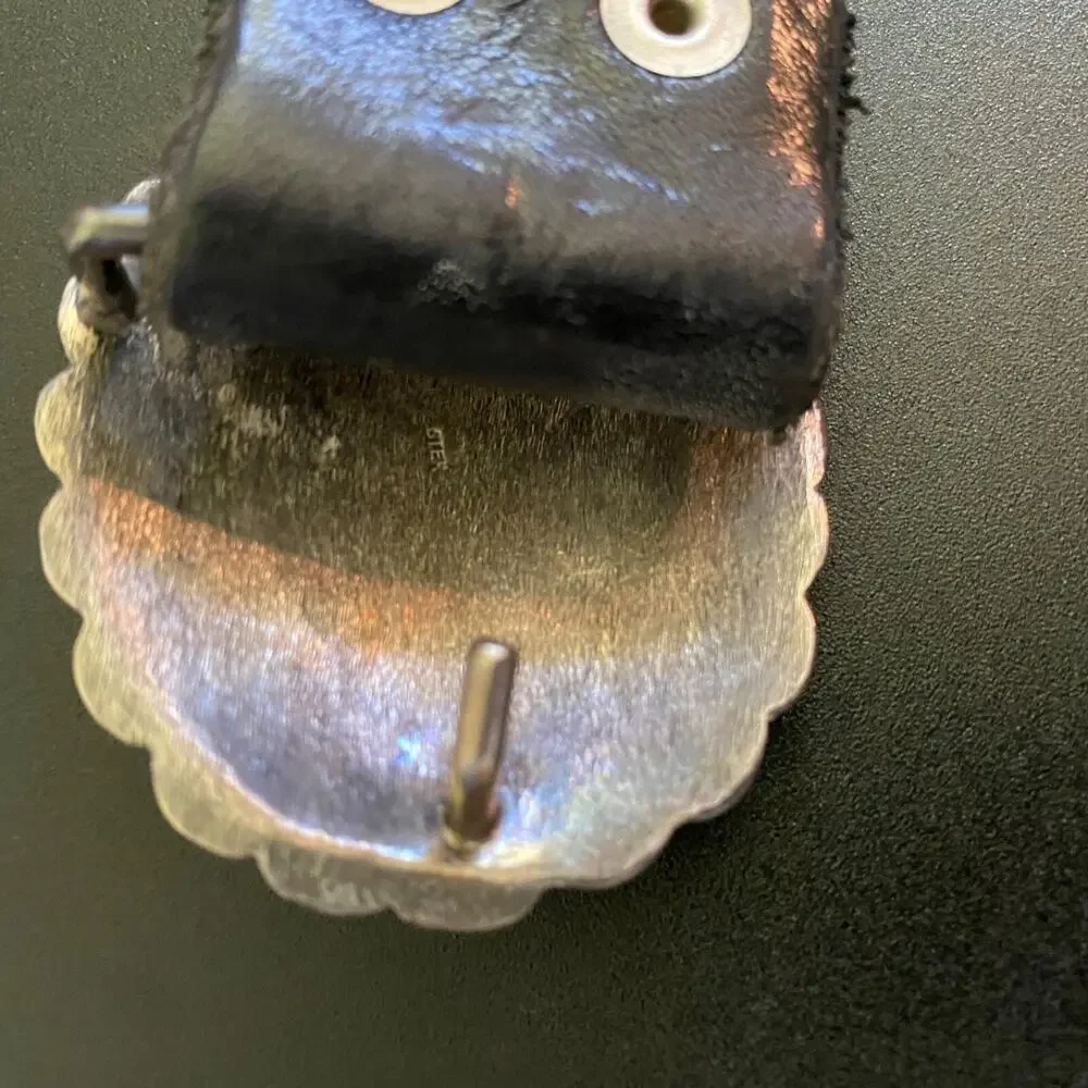 LF DESIGNS 1970s Sterling Silver and Turquoise Concho Black Leather Belt Buckle